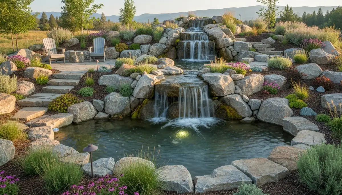 Resort-style backyard waterfall and rock garden landscaping in Loyalton, CA by Reno NV landscape experts