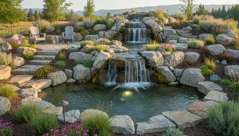 Resort-style backyard waterfall and rock garden landscaping in Loyalton, CA by Reno NV landscape experts