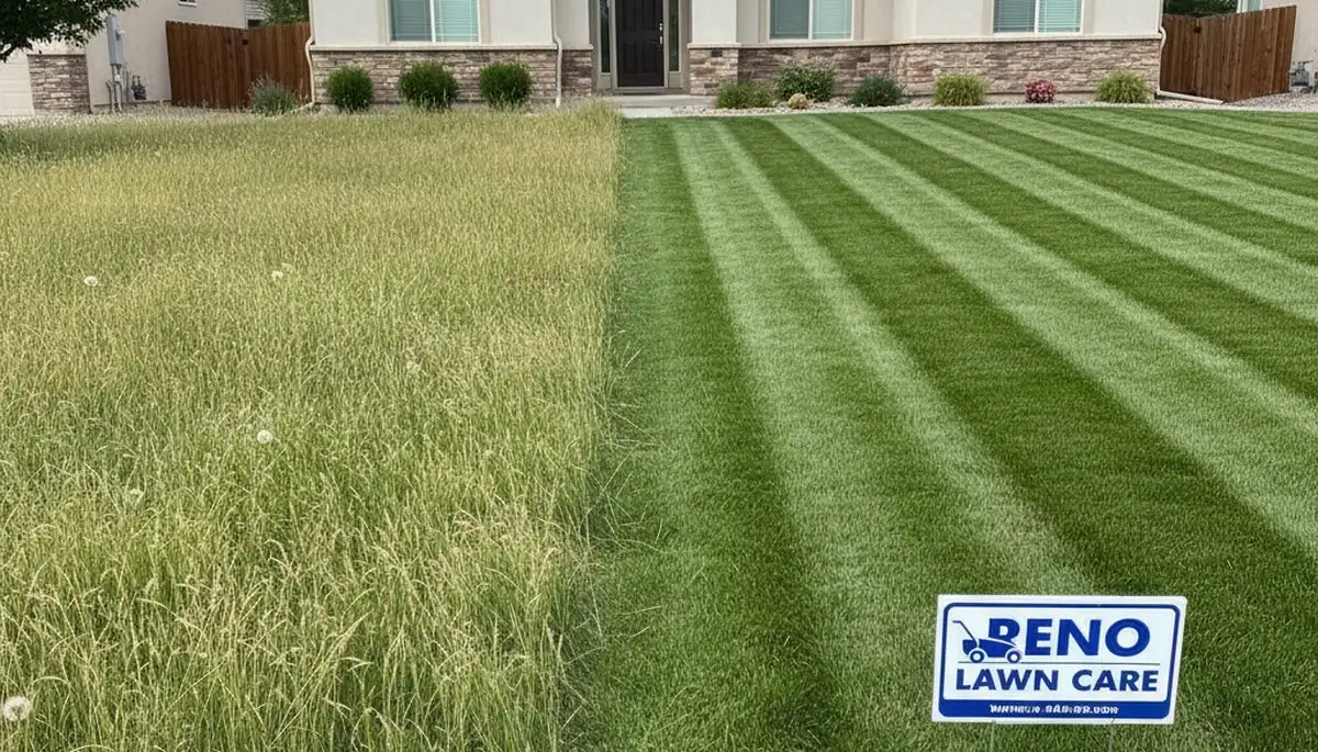 Before and after Reno, NV lawn mowing showing transformation from overgrown grass to neat, healthy yard