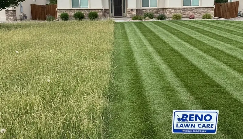 Before and after Reno, NV lawn mowing showing transformation from overgrown grass to neat, healthy yard