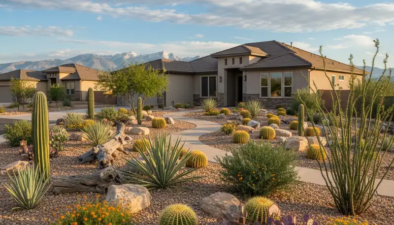 Complete desert landscape with native plants and rock mulch installed by Reno, NV landscaping professionals