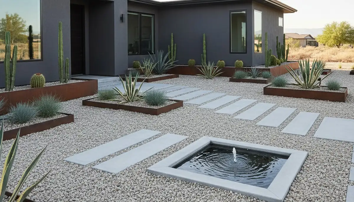 Modern minimalist pea gravel landscape design with geometric lines in Reno, NV by Chop Chop Landscaping