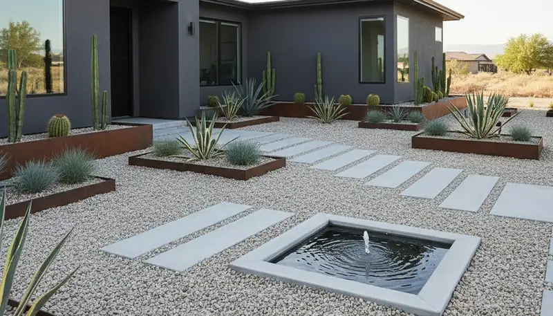 Modern minimalist pea gravel landscape design with geometric lines in Reno, NV by Chop Chop Landscaping