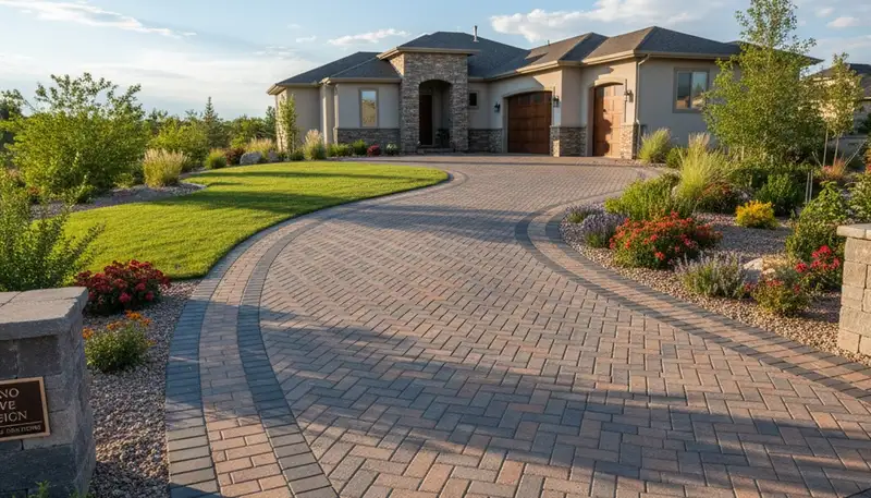 Curved paver driveway with professional landscape design in Reno, NV by Chop Chop Landscaping