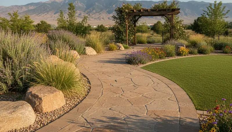 Curved stone paver walkway installed by professional landscapers in Reno, NV residential yard