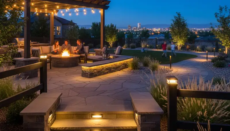 Evening deck and patio lighting in Reno NV with post cap and step lights by Chop Chop Landscaping