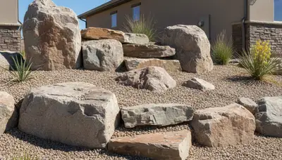 Decorative boulder and desert stone landscape feature in Reno, NV desertscape by Chop Chop Landscaping
