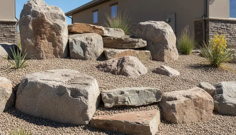 Decorative boulder and desert stone landscape feature in Reno, NV desertscape by Chop Chop Landscaping