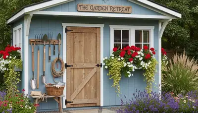 Decorative garden shed with pathway and plantings installed by Reno NV landscaping professionals