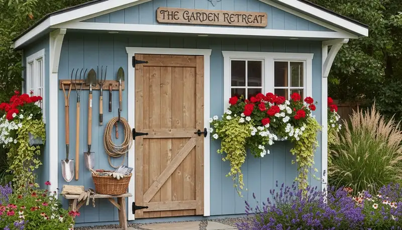 Decorative garden shed with pathway and plantings installed by Reno NV landscaping professionals