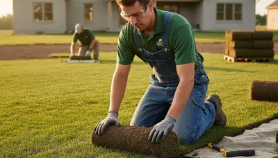 Expert landscaping technician installing sod rolls with precision in Reno, NV yard