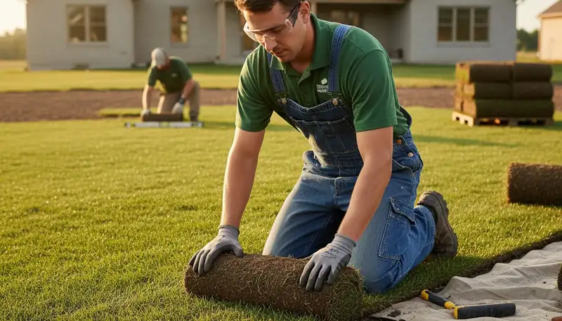 Expert landscaping technician installing sod rolls with precision in Reno, NV yard