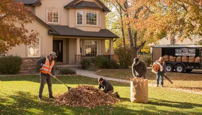 Landscapers raking and bagging fall leaves during residential yard clean up in Reno, NV