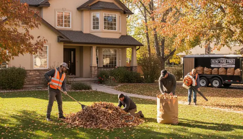 Landscapers raking and bagging fall leaves during residential yard clean up in Reno, NV