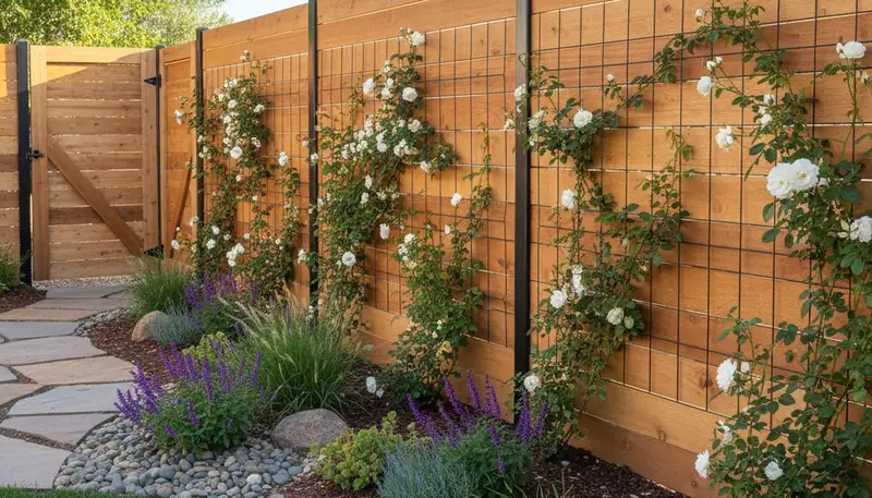 Wood fence with integrated landscape beds and climbing plants by Reno NV landscaping experts