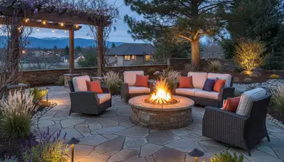 Fire pit patio with paver seating and native plants by Reno NV landscapers serving Loyalton CA homes