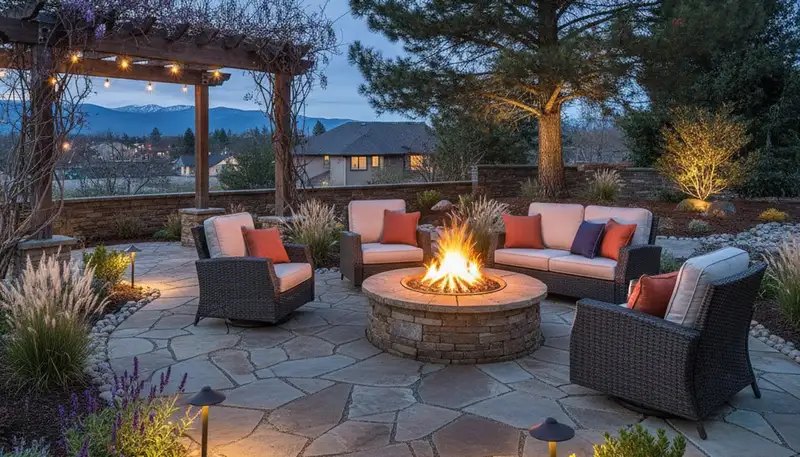 Fire pit patio with paver seating and native plants by Reno NV landscapers serving Loyalton CA homes