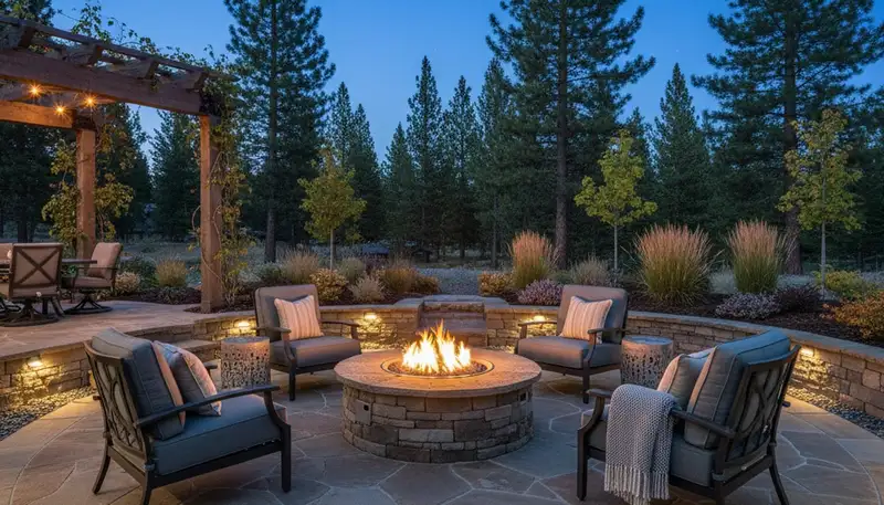 Custom fire pit patio with seating and native plants by Reno NV landscapers enhancing outdoor living