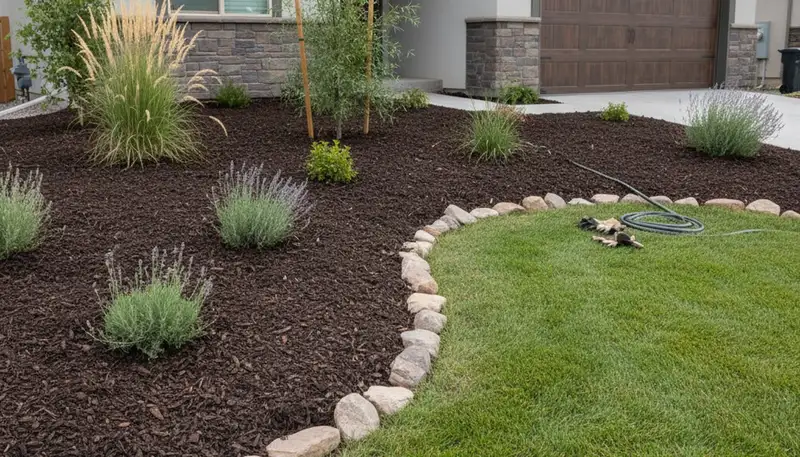Fresh mulch installation with clean bed edges by professional landscapers in Reno, NV