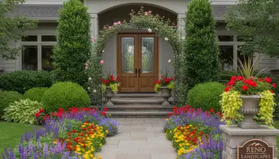 Front yard landscape design with colorful plants and shrubs enhancing curb appeal in Reno, NV