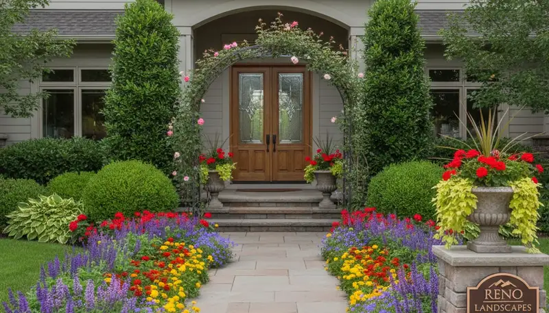 Front yard landscape design with colorful plants and shrubs enhancing curb appeal in Reno, NV
