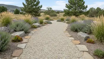 Pea gravel garden path with natural landscaping design by professional landscapers in Reno, NV