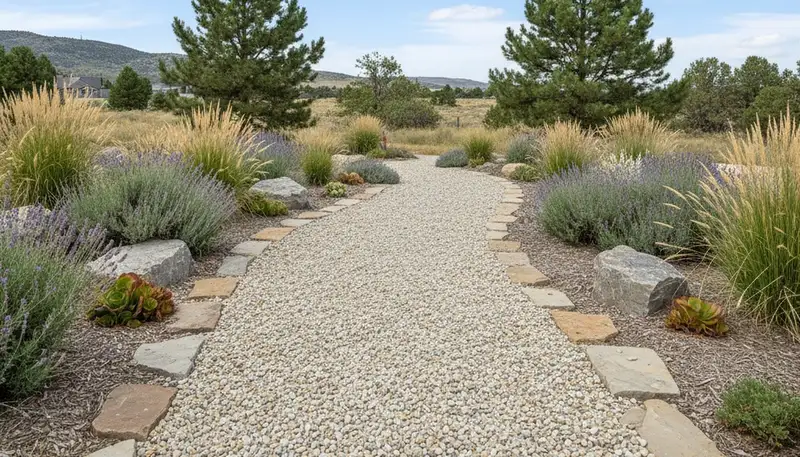 Pea gravel garden path with natural landscaping design by professional landscapers in Reno, NV