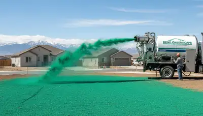 Hydroseeder truck spraying green slurry for new lawn installation in Reno, NV by Chop Chop Landscaping