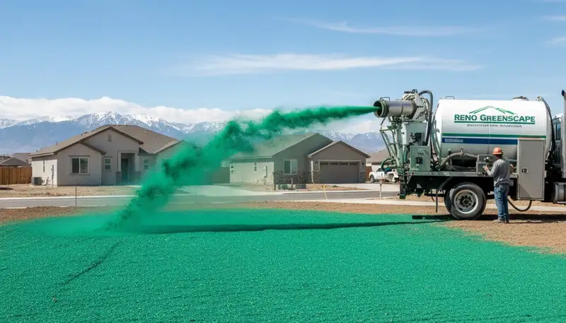 Hydroseeder truck spraying green slurry for new lawn installation in Reno, NV by Chop Chop Landscaping