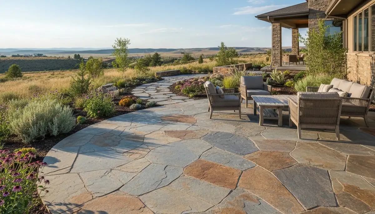 Modern large stone slab patio installation by professional landscapers in Reno, NV