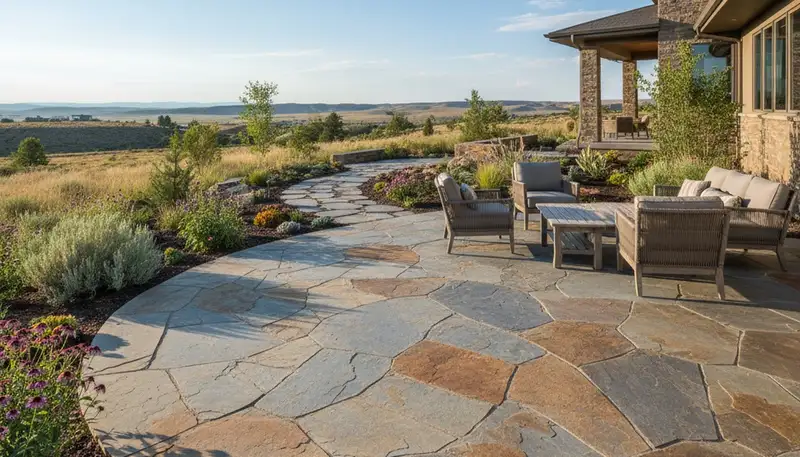 Modern large stone slab patio installation by professional landscapers in Reno, NV