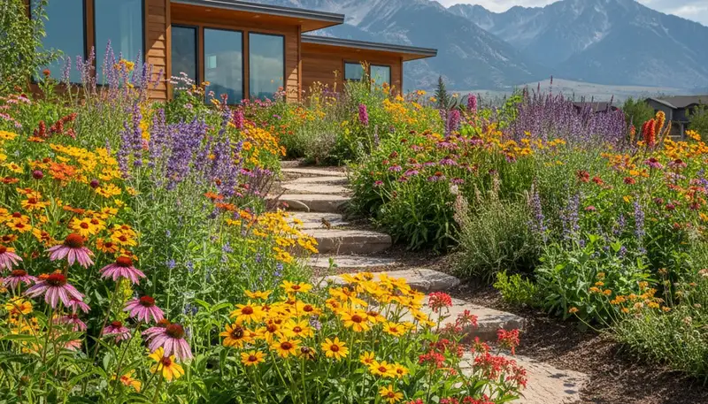 Native pollinator garden with bees and flowers by organic landscapers in Reno, NV