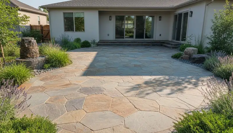Natural flagstone patio installation with slate pavers by Reno NV landscaping professionals