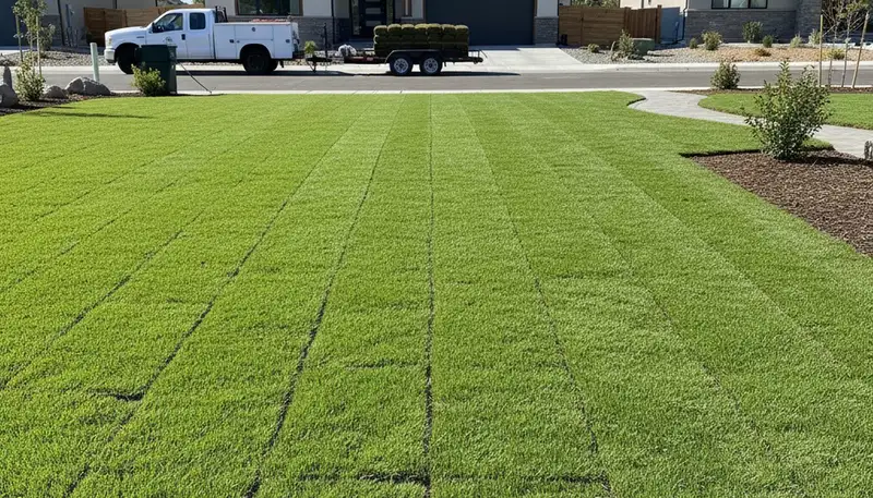 Freshly installed vibrant green sod lawn by professional landscapers in Reno, NV