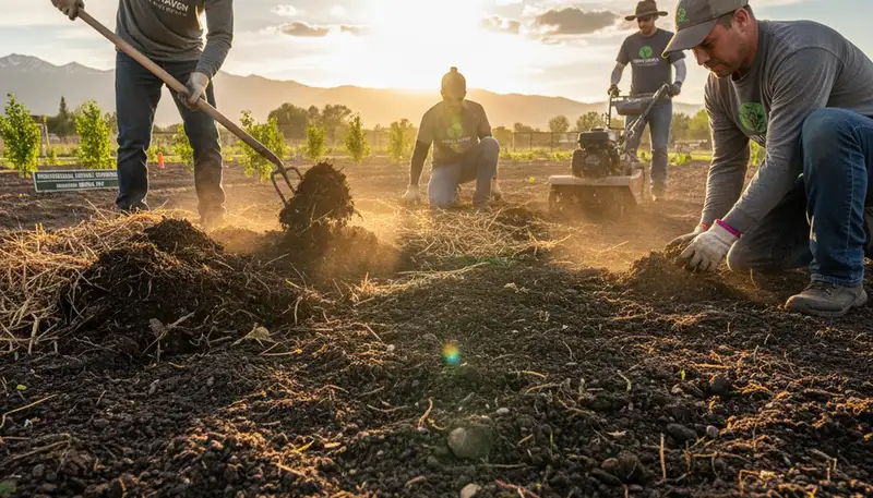 Organic soil amendment applied by landscapers in Reno, NV enhancing sustainable landscape health