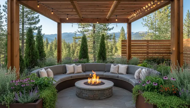 Luxury paver patio with pergola and lighting in Truckee, CA by Reno NV landscaping experts