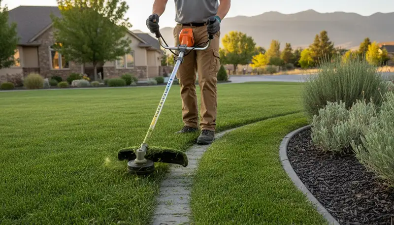 Technician performing precise lawn edging with string trimmer in Reno, NV for professional lawn maintenance