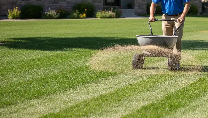 Professional applying lawn fertilizer with spreader in Reno, NV for expert lawn care and turf maintenance