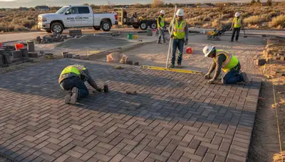 Crew installing driveway pavers in Reno, NV with base preparation and leveling for Chop Chop Landscaping