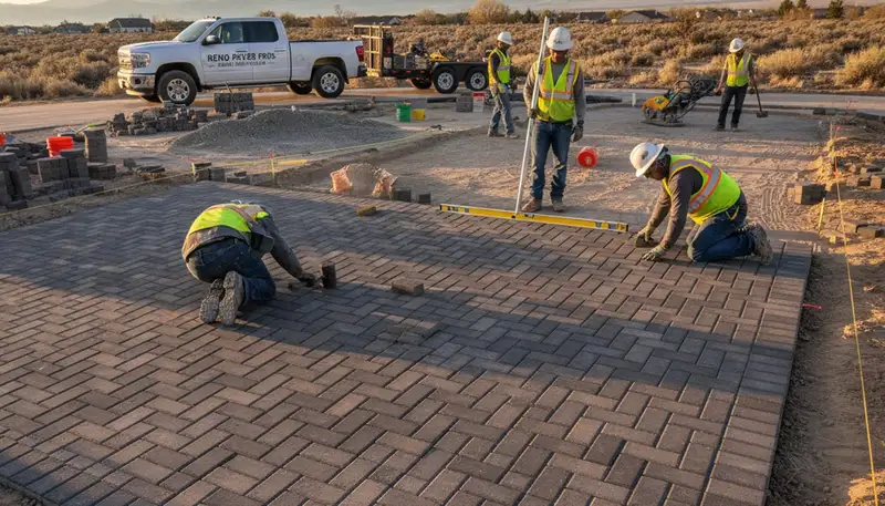 Crew installing driveway pavers in Reno, NV with base preparation and leveling for Chop Chop Landscaping