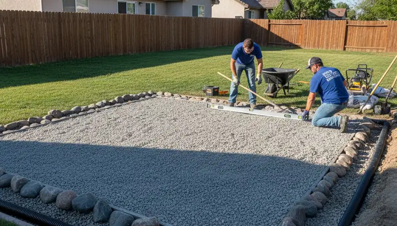 Leveled gravel shed foundation with drainage by professional landscapers in Reno, NV