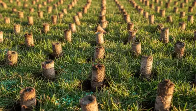 Close-up of lawn aeration soil core plugs on healthy grass by professional landscapers in Reno, NV