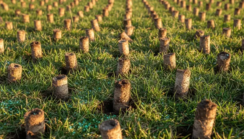 Close-up of lawn aeration soil core plugs on healthy grass by professional landscapers in Reno, NV
