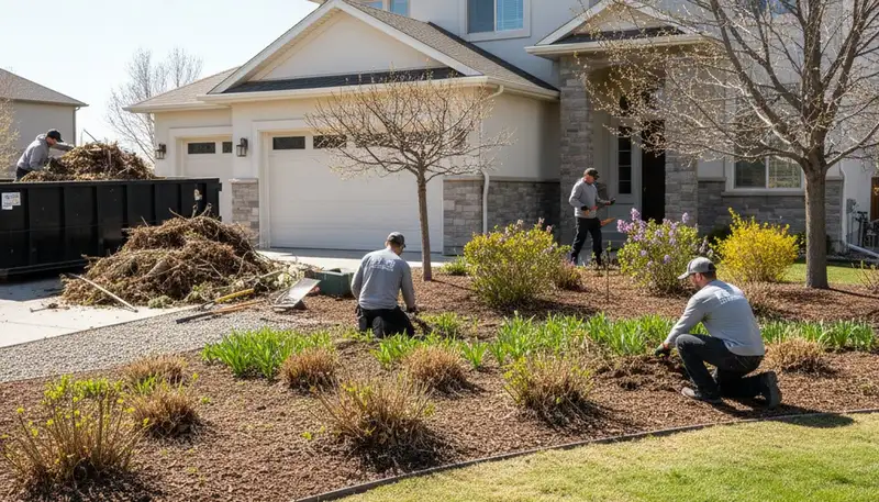 Landscapers in Reno NV clearing winter debris and pruning beds for spring yard clean up and property refresh