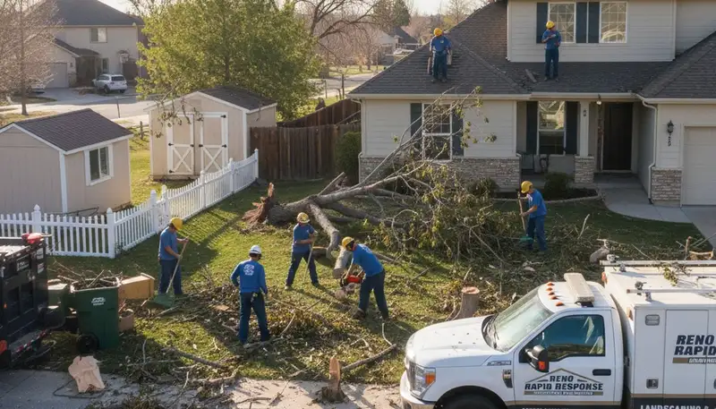 Storm debris cleanup crew clearing fallen branches at a Reno NV yard by Chop Chop Landscaping