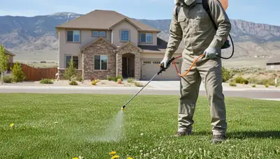 Technician applying targeted weed control on Reno NV lawn with sprayer for professional lawn care service