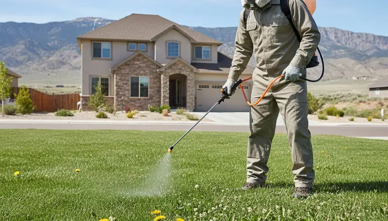 Technician applying targeted weed control on Reno NV lawn with sprayer for professional lawn care service