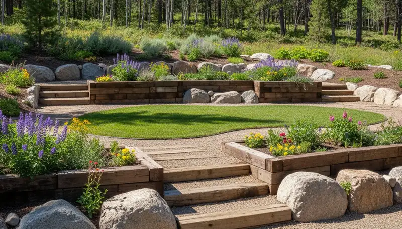 Terraced garden with timber steps and native plants on sloped terrain by Reno NV landscapers