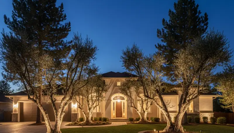 Mature trees with uplighting at night showcasing professional landscape lighting design in Reno, NV